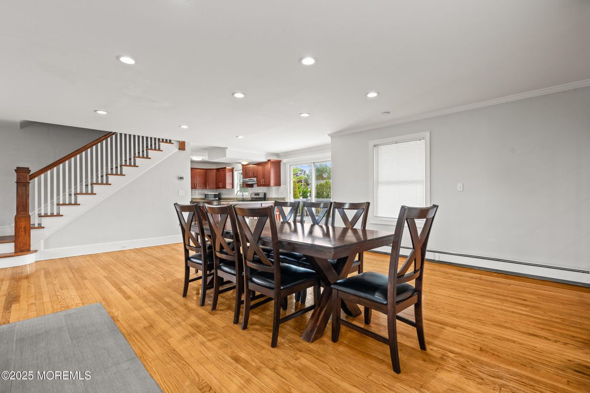 Dining room, Interior, Kitchen, Recessed Lighting, Wood Texture Flooring