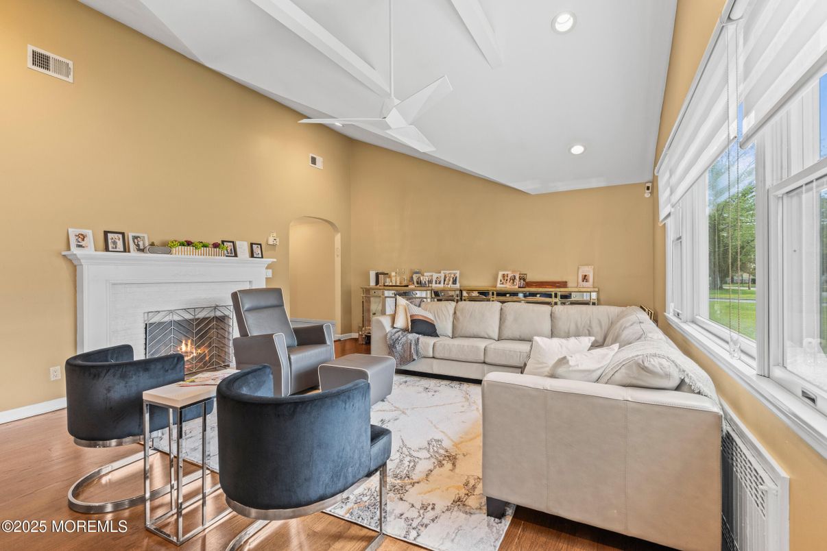 Fireplace, Interior, Living room, Recessed Lighting, Wood Texture Flooring