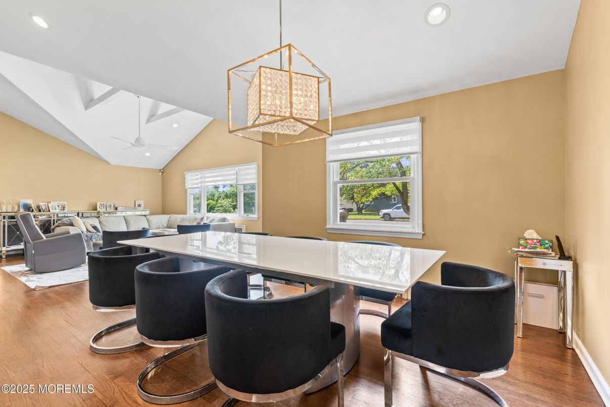 Dining room, Interior, Pendant Lights, Recessed Lighting, Wood Texture Flooring