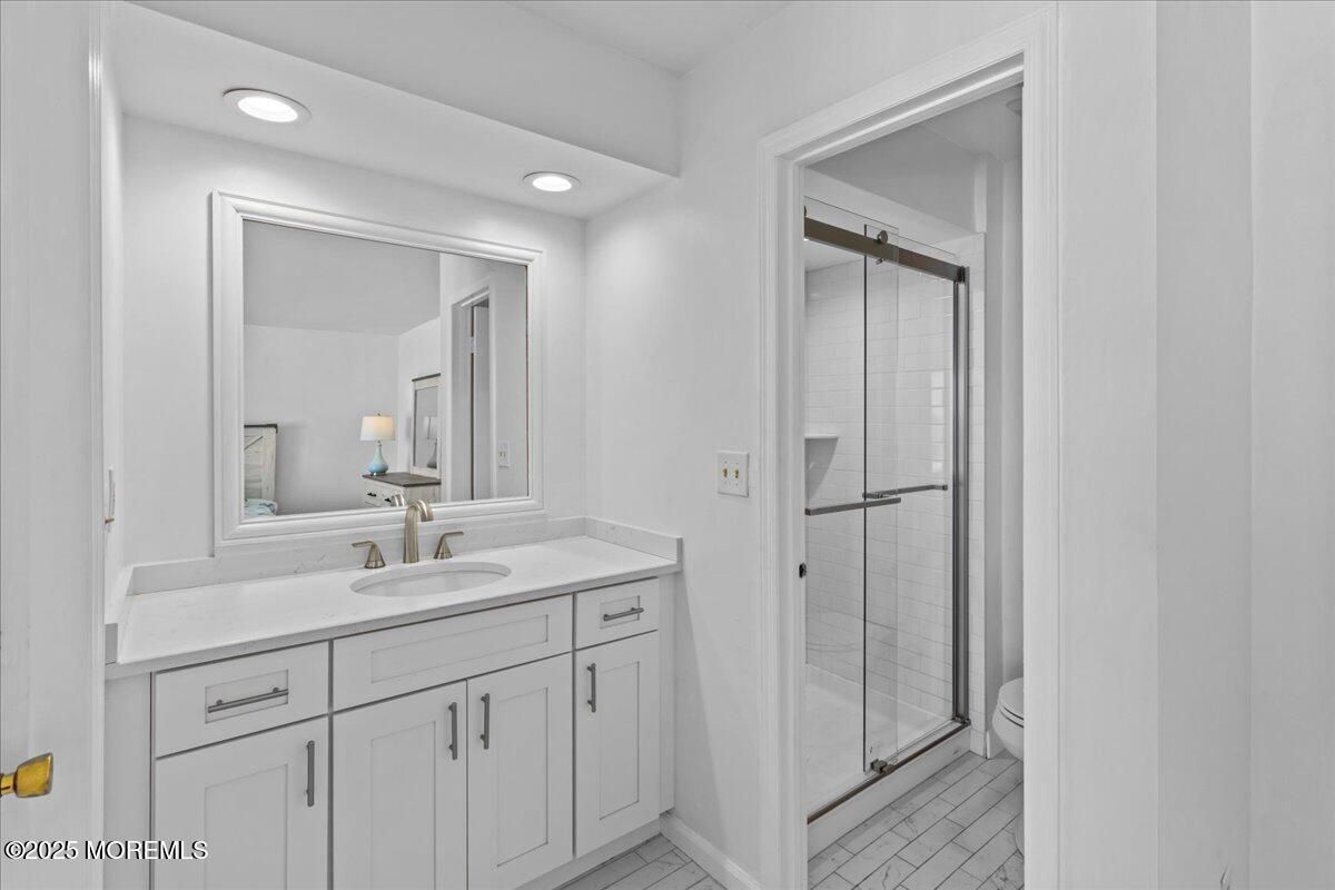 Bathroom, Dual Sink Vanities, Glass Shower, Interior, Recessed Lighting