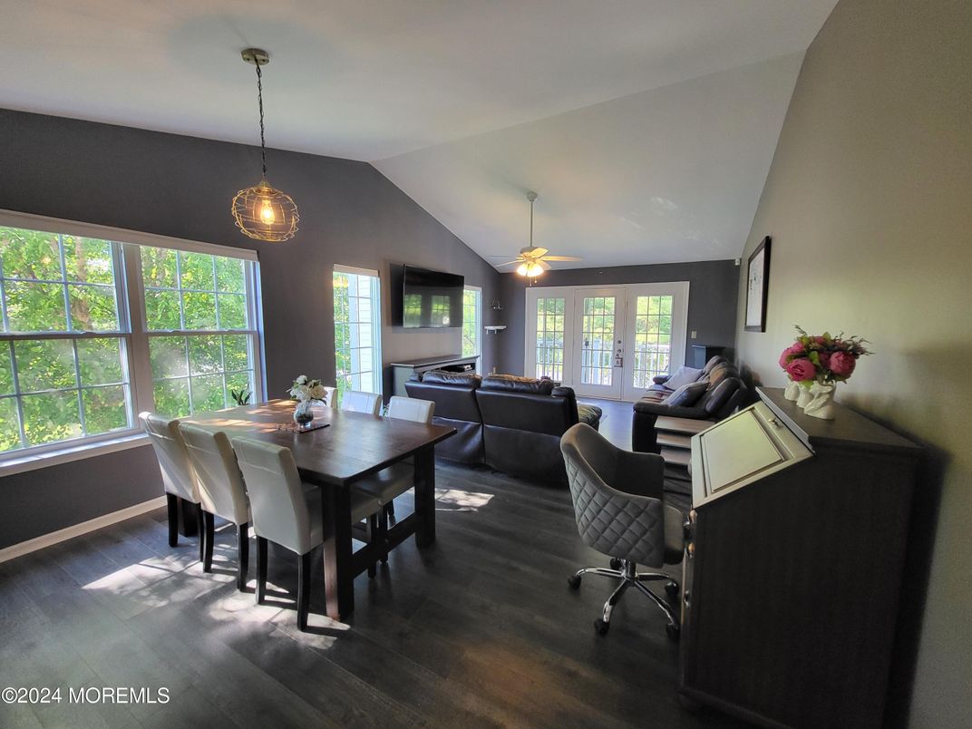 Dining room, Interior, Living room, Pendant Lights, Wood Texture Flooring