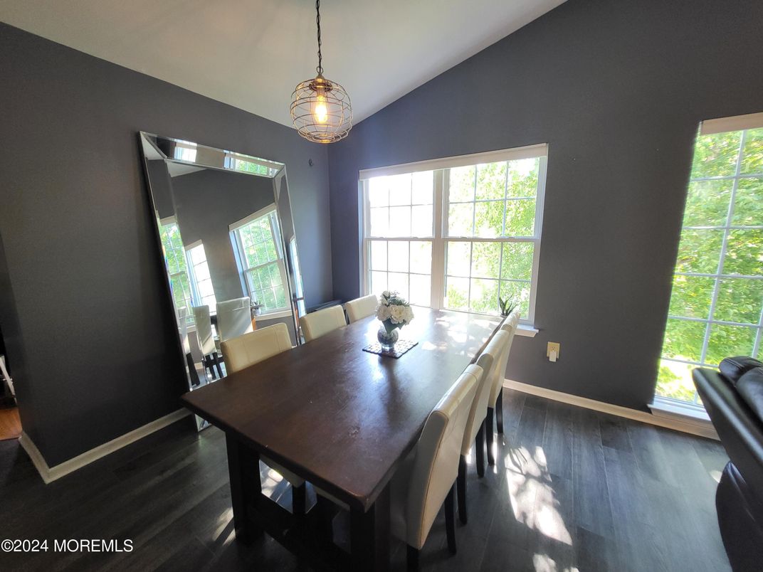 Dining room, Interior, Pendant Lights, Wood Texture Flooring