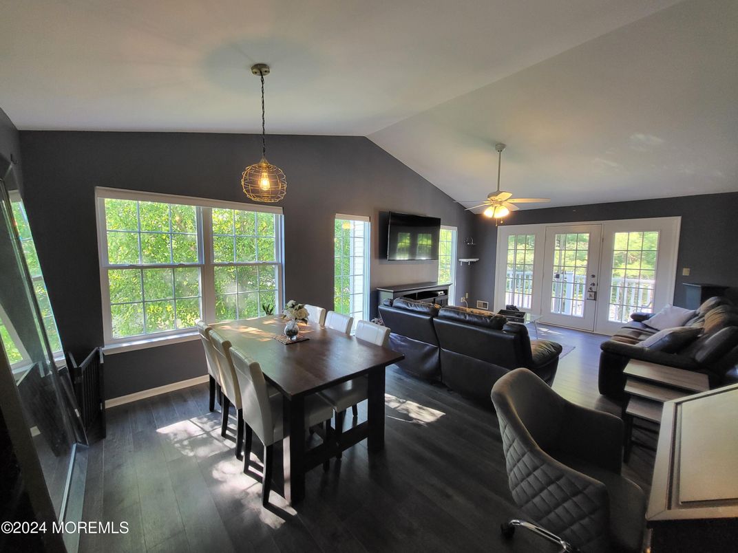 Dining room, Interior, Living room, Pendant Lights, Piano, Wood Texture Flooring