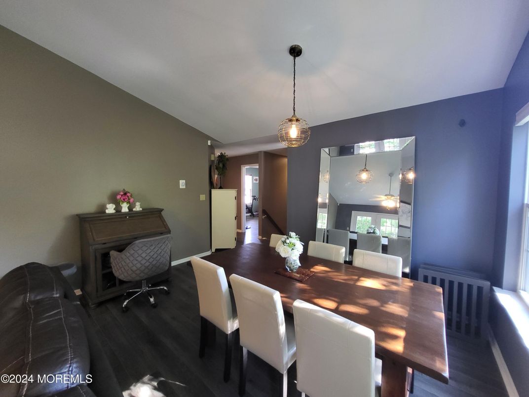Dining room, Interior, Pendant Lights, Piano, Wood Texture Flooring