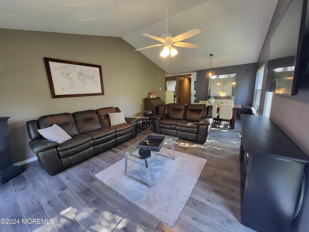 Dining room, Interior, Living room, Pendant Lights, Wood Texture Flooring