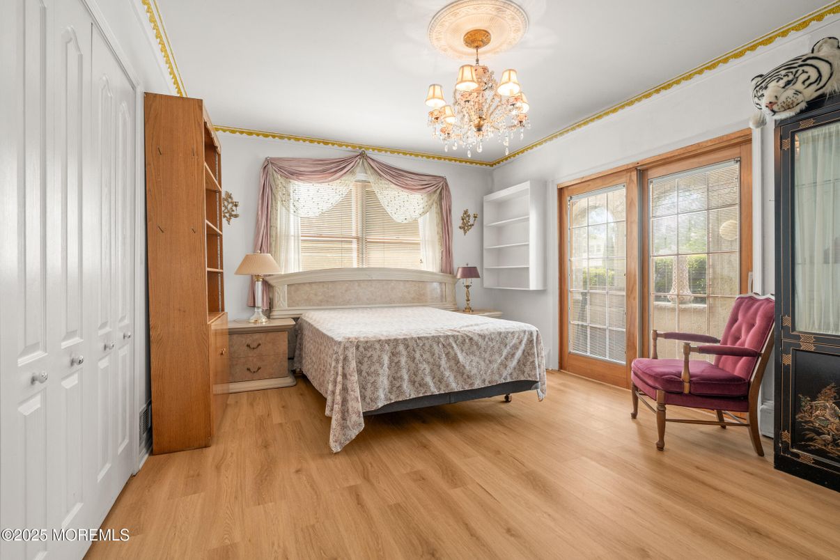 Bedroom, Chandelier, Interior, Wood Texture Flooring