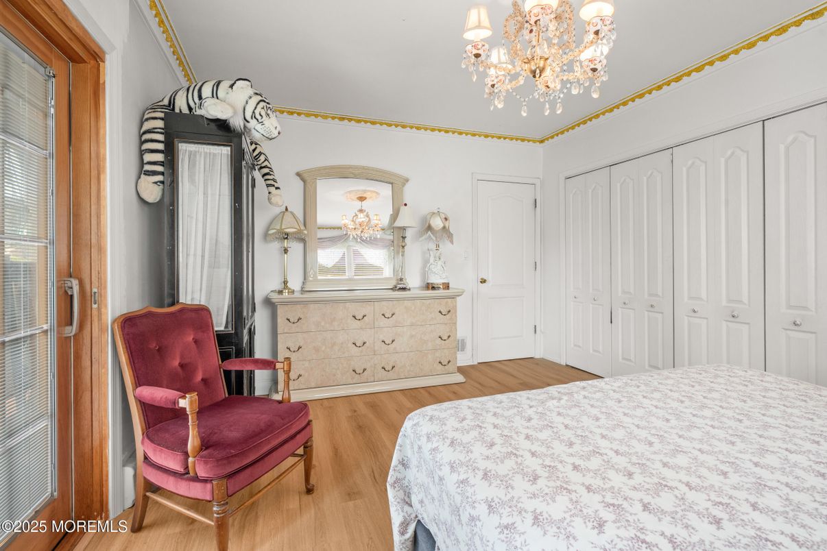 Bedroom, Chandelier, Interior, Wood Texture Flooring