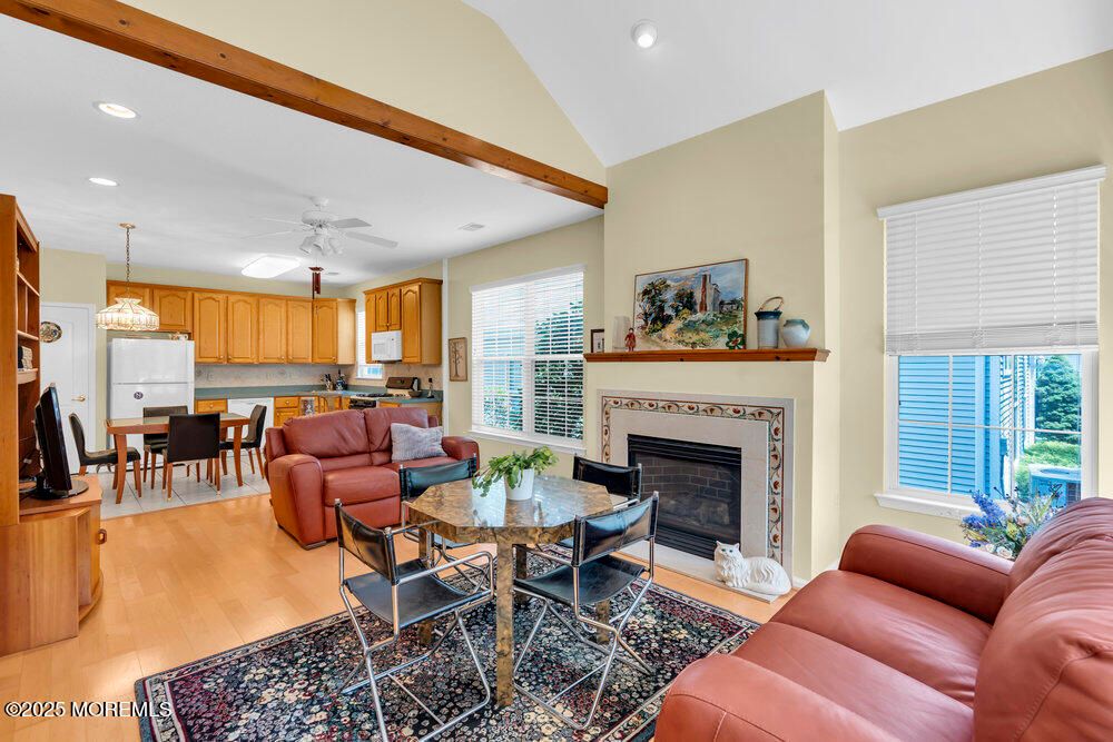 Dining room, Fireplace, Interior, Kitchen, Living room, Pendant Lights, Recessed Lighting, Wooden Beams, Wood Texture Flooring