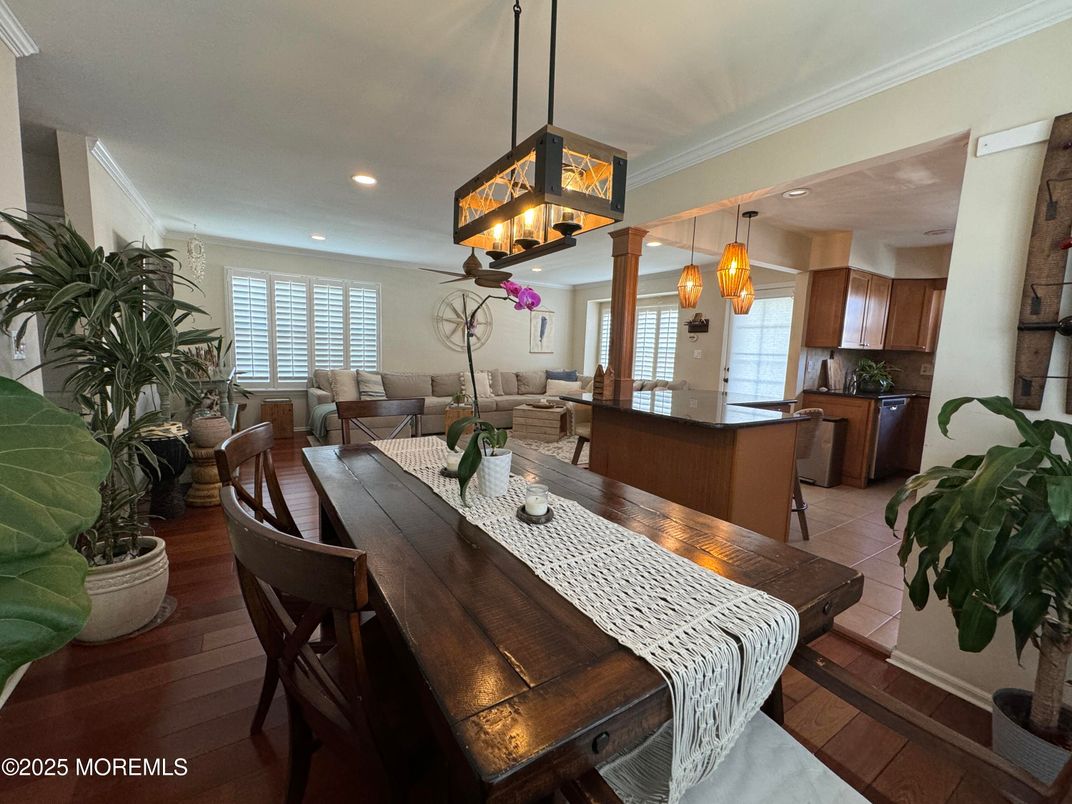 Dining room, Interior, Kitchen, Living room, Pendant Lights, Recessed Lighting, Wood Texture Flooring