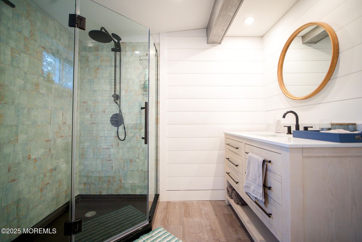 Bathroom, Glass Shower, Interior, Recessed Lighting, Wooden Beams, Wood Texture Flooring