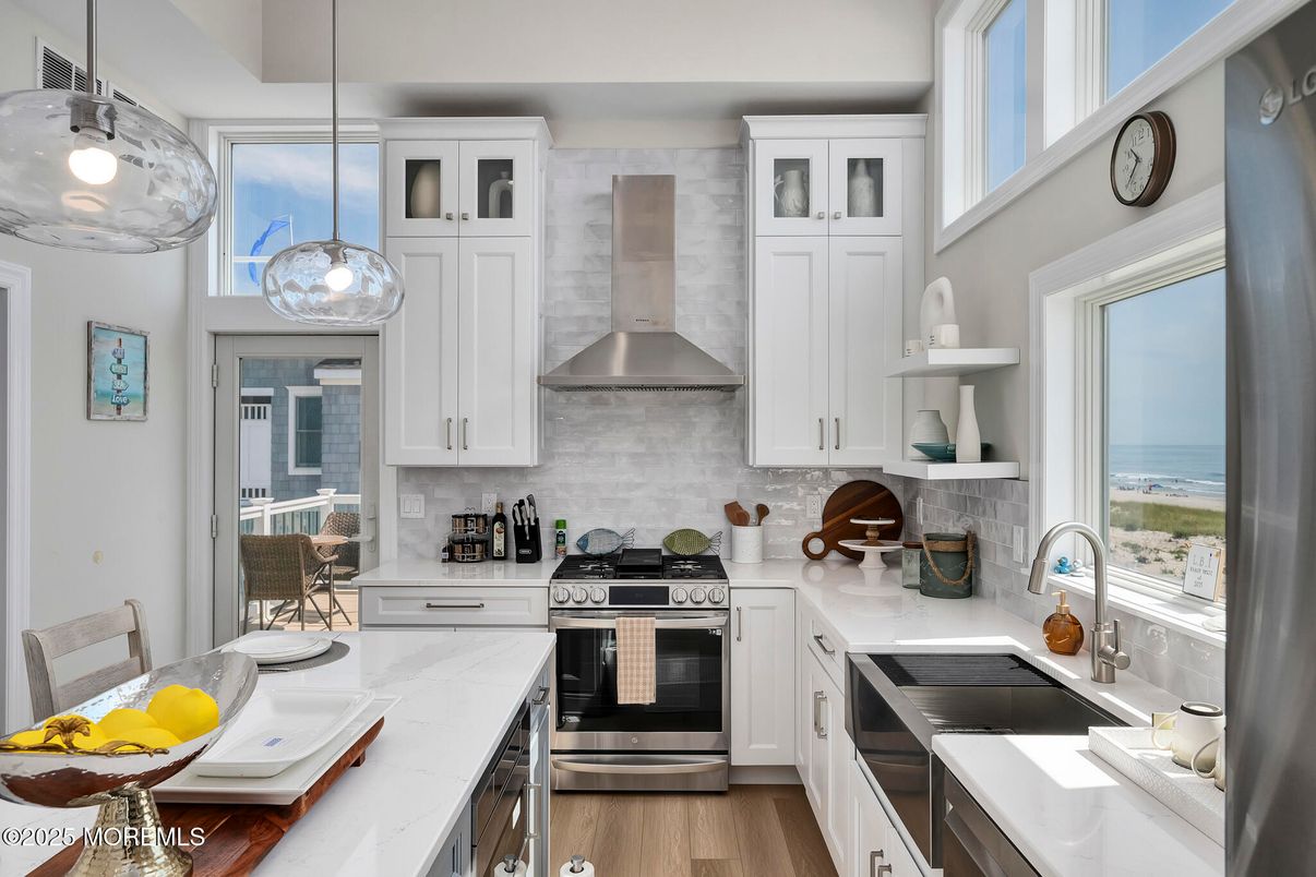 Interior, Kitchen, Pendant Lights, Stainless Steel Appliances, Water, Wood Texture Flooring