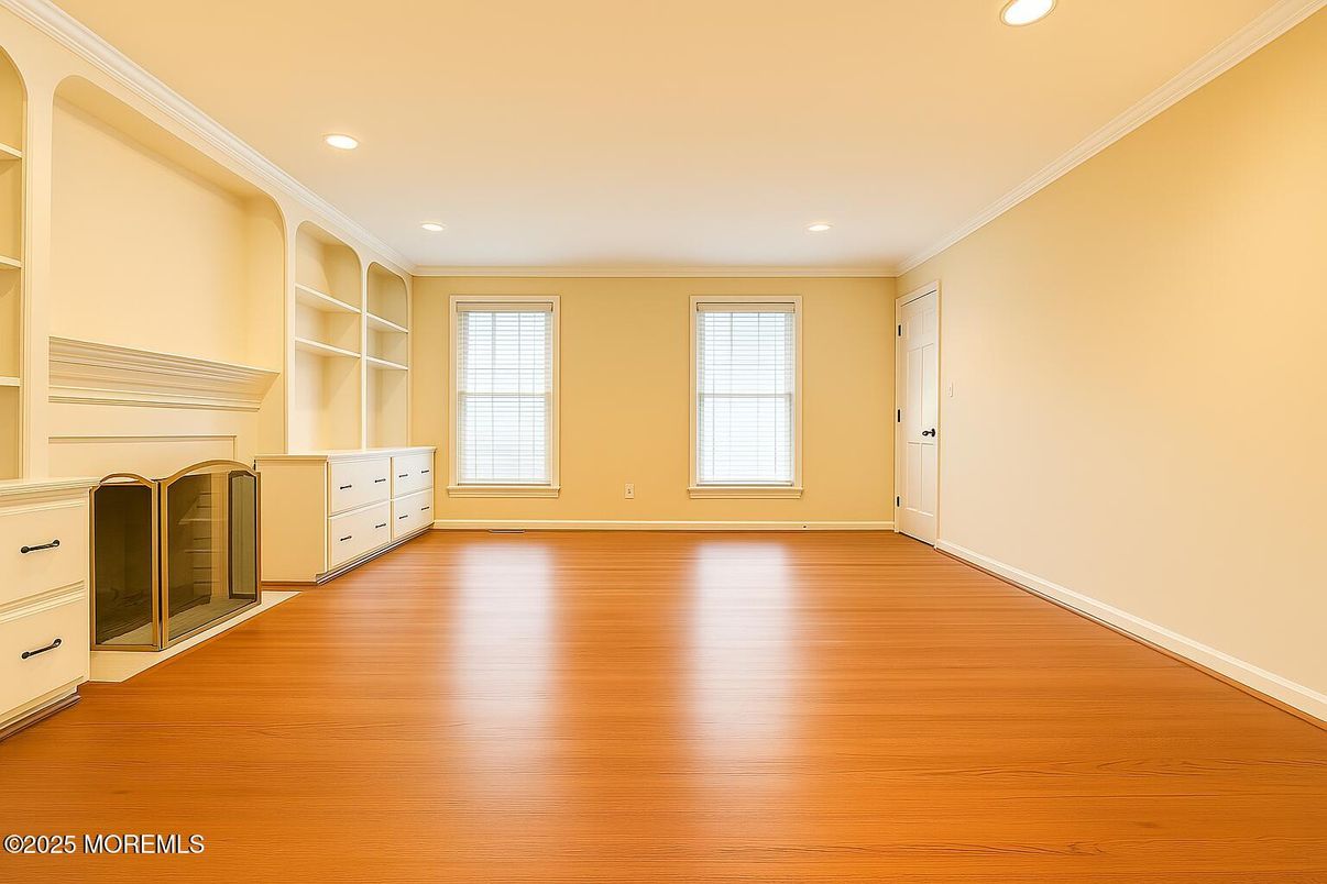 Empty room, Fireplace, Interior, Recessed Lighting, Wood Texture Flooring