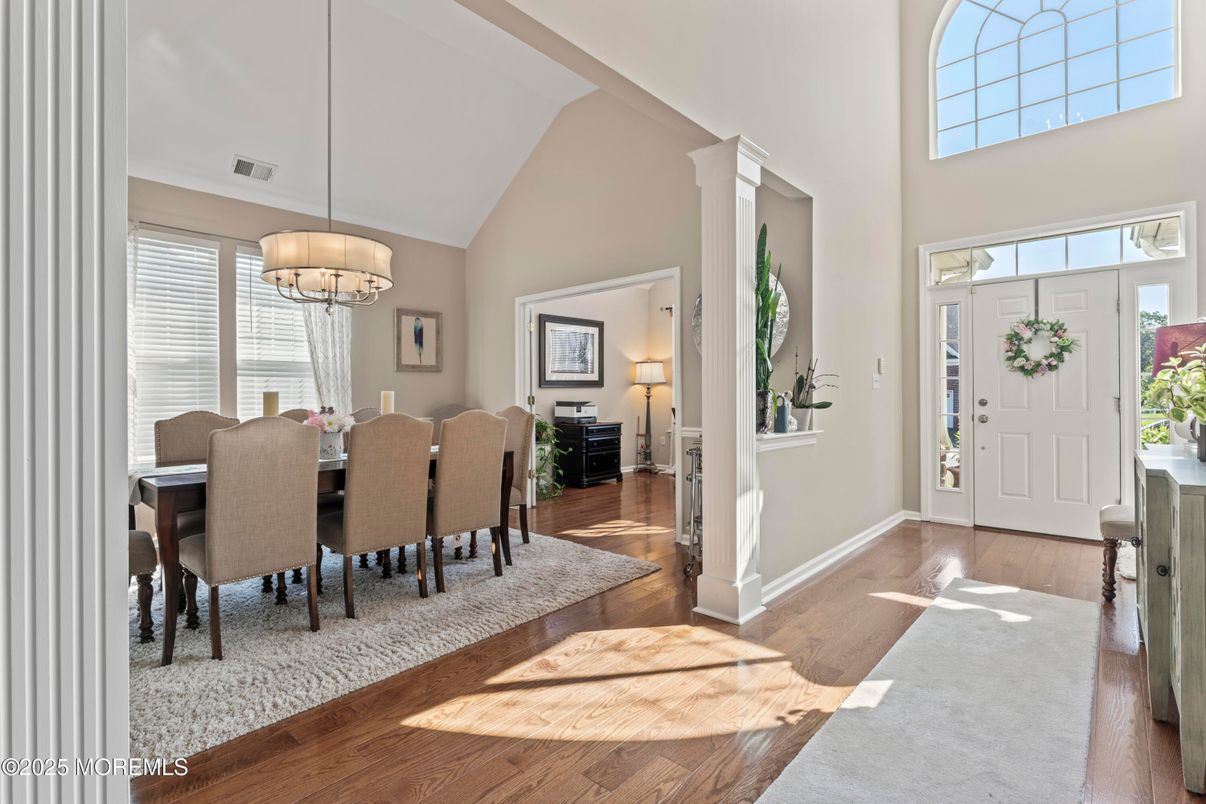 Chandelier, Dining room, Interior, Pendant Lights, Wood Texture Flooring
