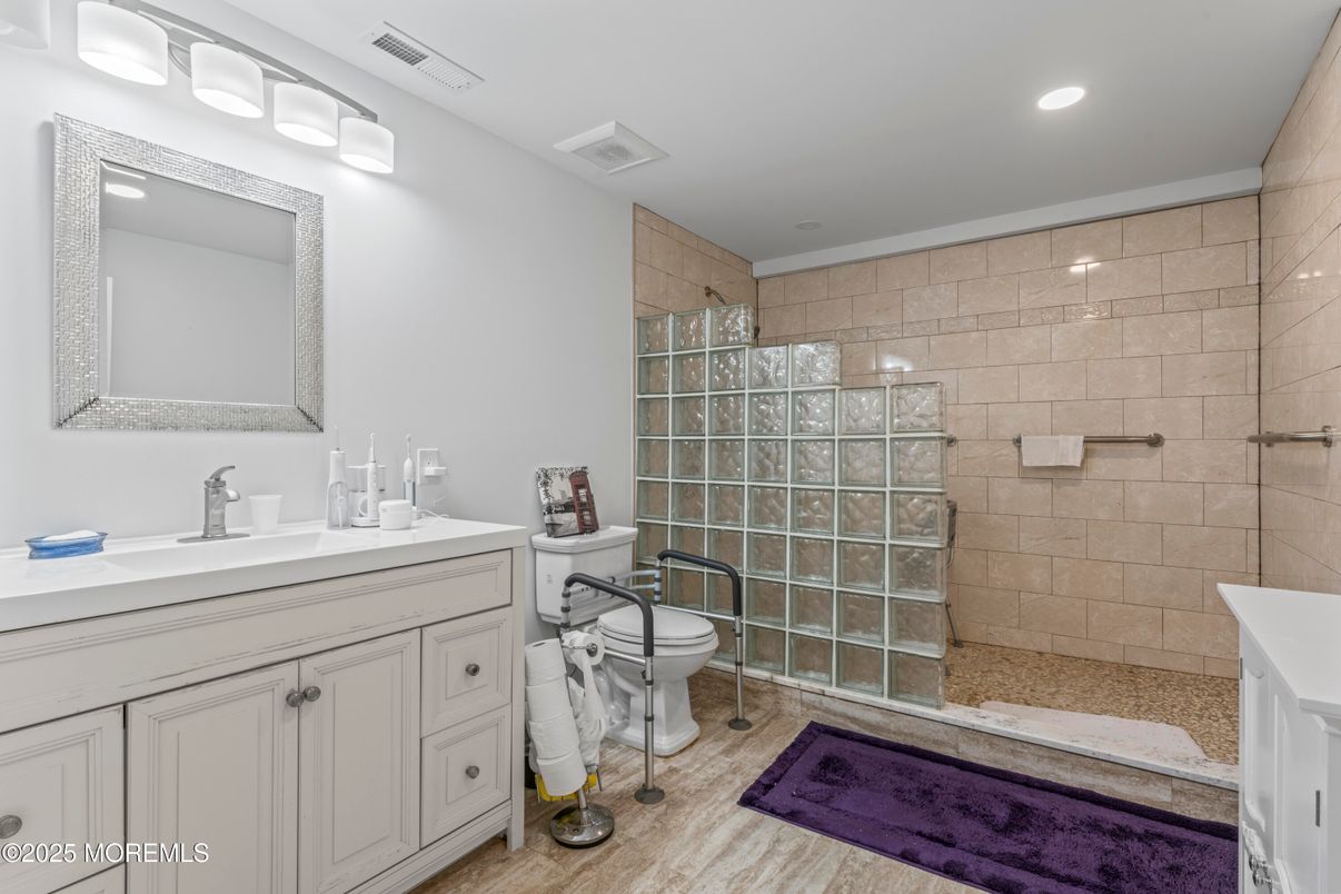 Bathroom, Glass Shower, Interior, Recessed Lighting, Stone Walls