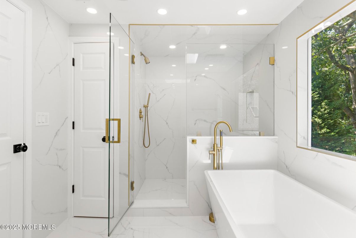 Bathroom, Glass Shower, Interior, Marble, Marble Walls, Recessed Lighting