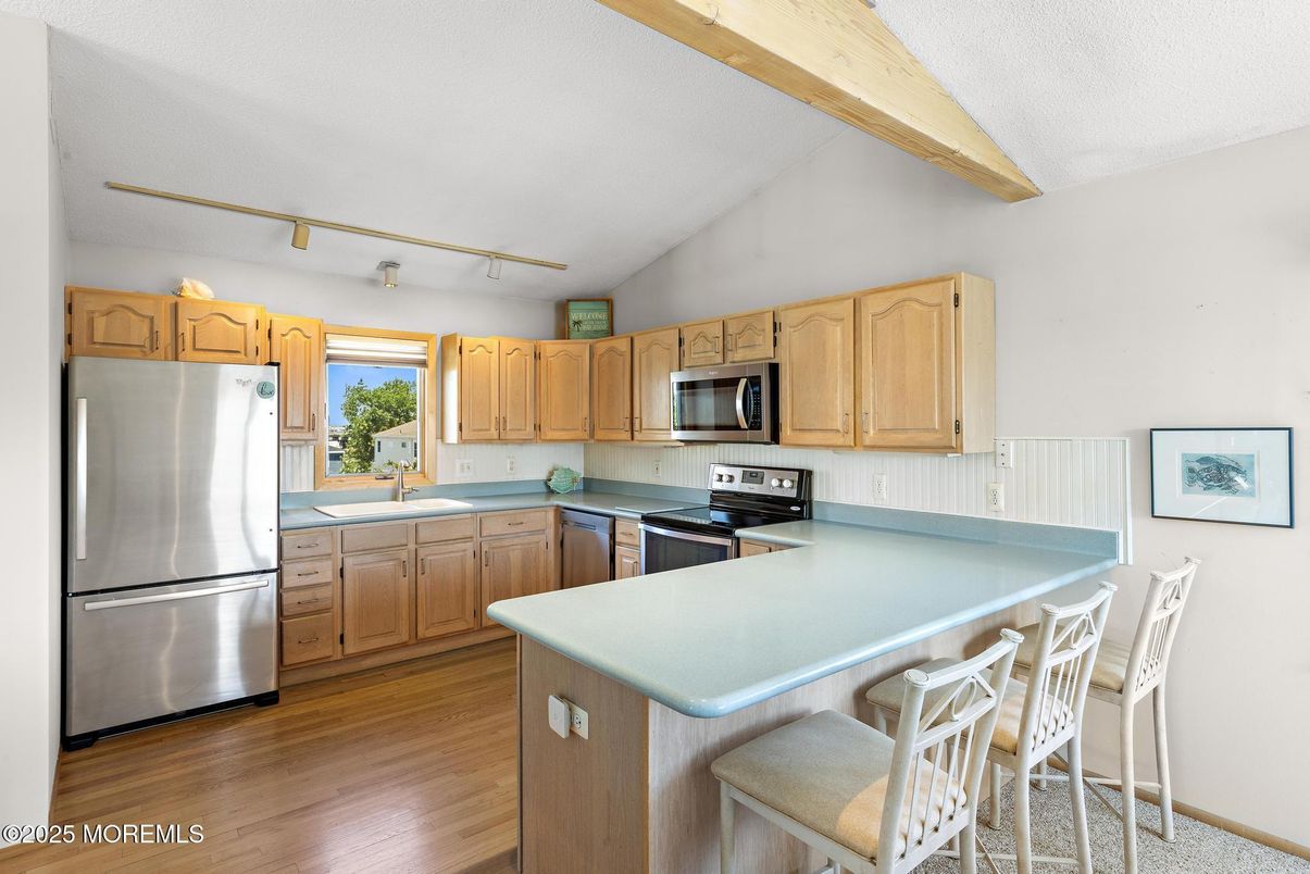 Interior, Kitchen, Stainless Steel Appliances, Wooden Beams, Wood Texture Flooring
