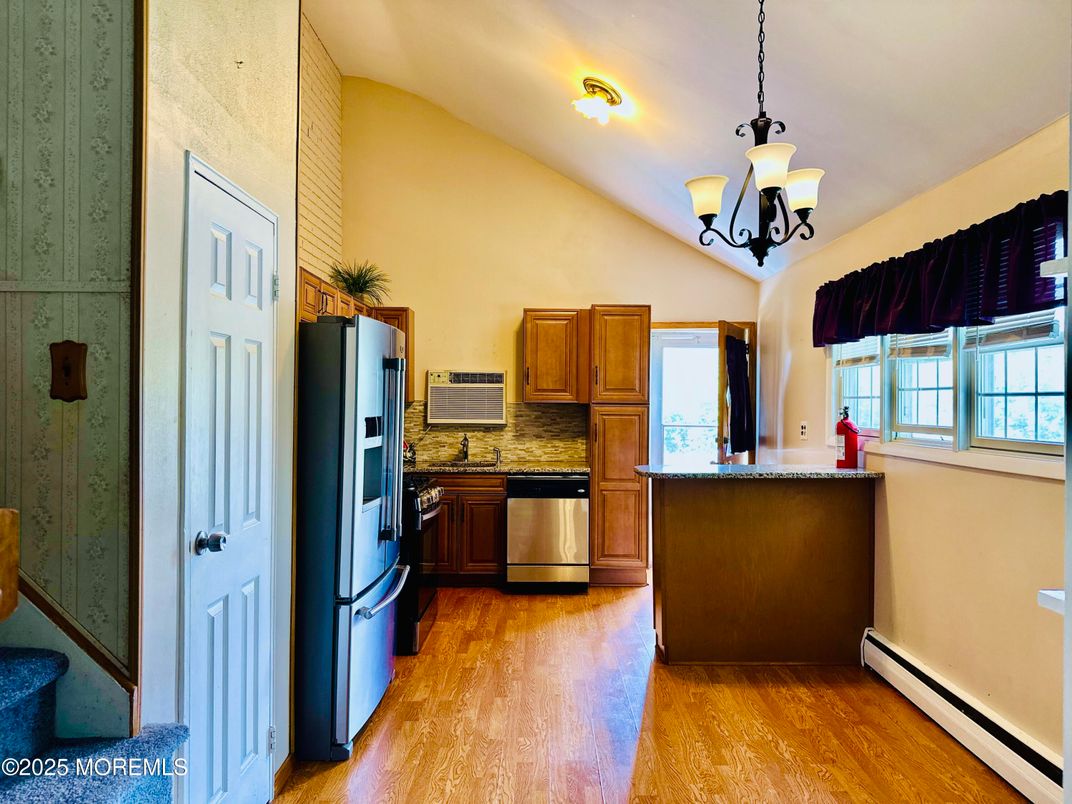 Chandelier, Interior, Kitchen, Pendant Lights, Stainless Steel Appliances, Wood Texture Flooring