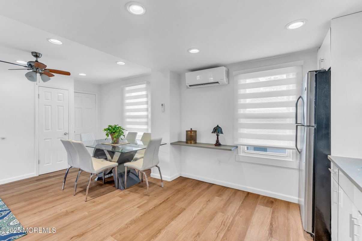 Dining room, Interior, Recessed Lighting, Wood Texture Flooring