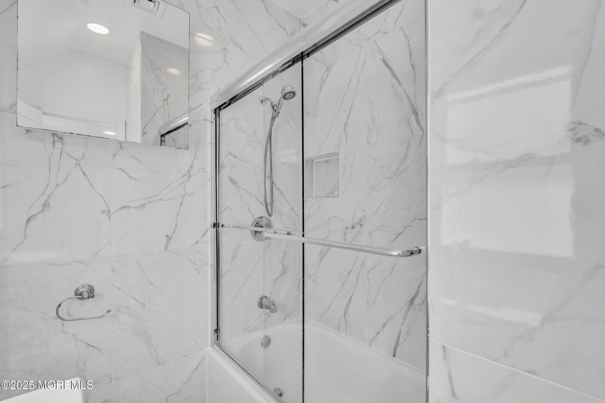 Bathroom, Glass Shower, Interior, Marble Walls, Recessed Lighting