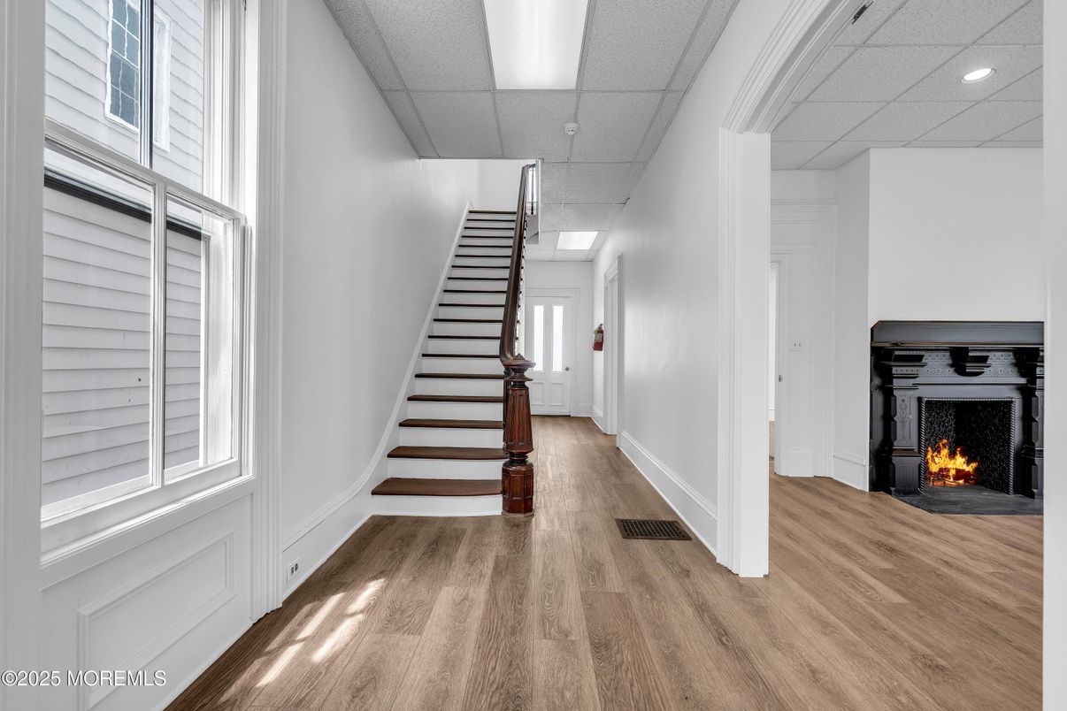 Fireplace, Interior, Recessed Lighting, Wood Texture Flooring