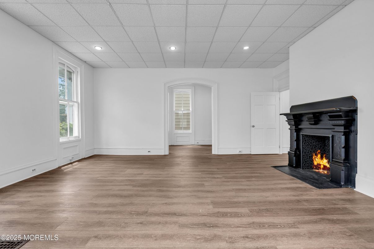 Empty room, Fireplace, Interior, Recessed Lighting, Wood Texture Flooring