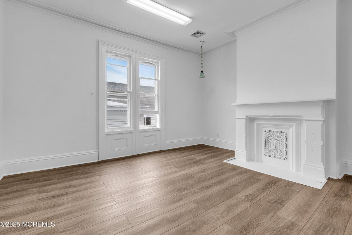 Empty room, Fireplace, Interior, Pendant Lights, Wood Texture Flooring