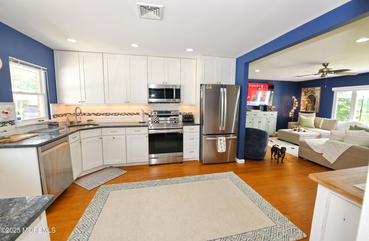 Interior, Kitchen, Living room, Recessed Lighting, Stainless Steel Appliances, Wood Texture Flooring