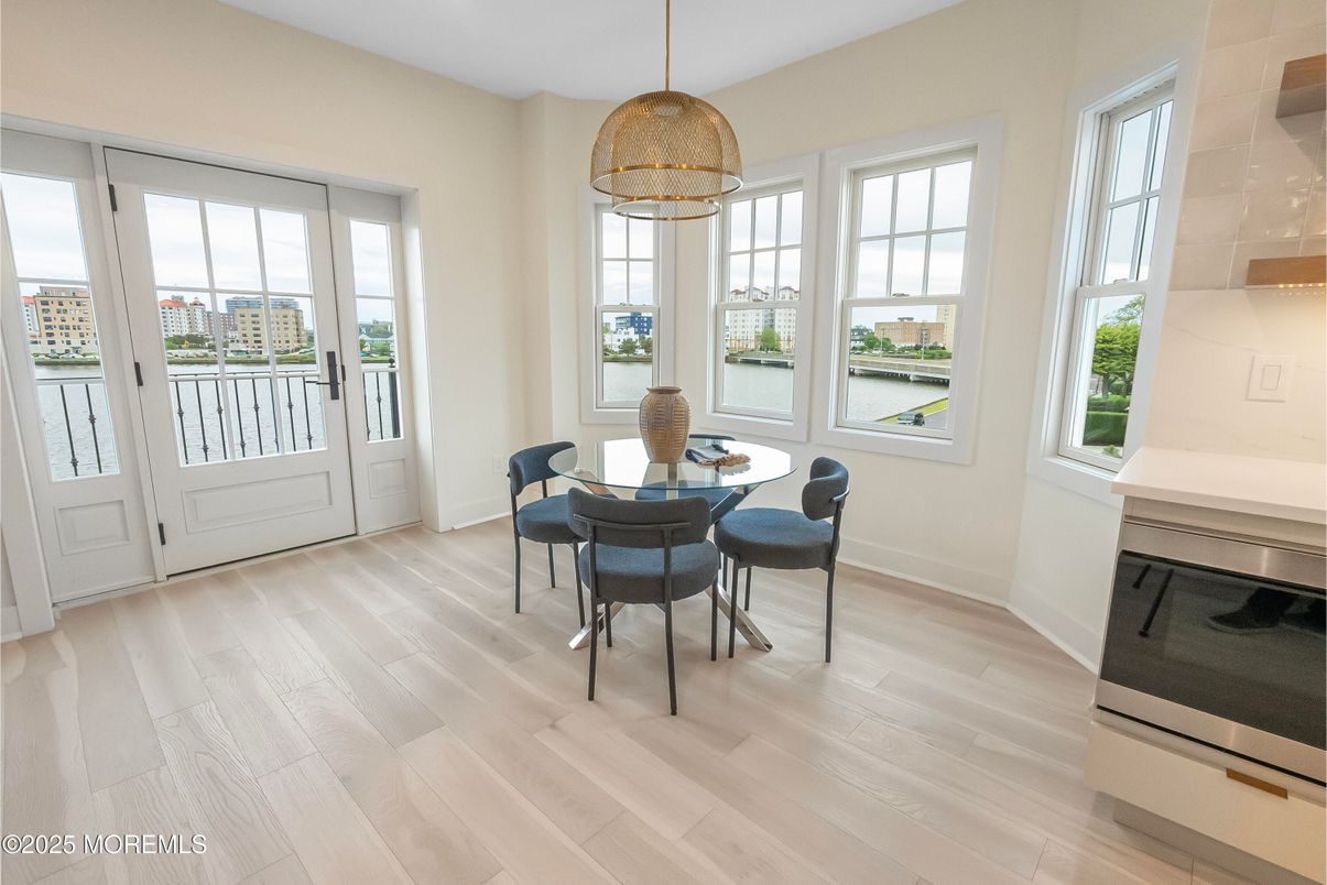 Dining room, Interior, Pendant Lights, Wood Texture Flooring