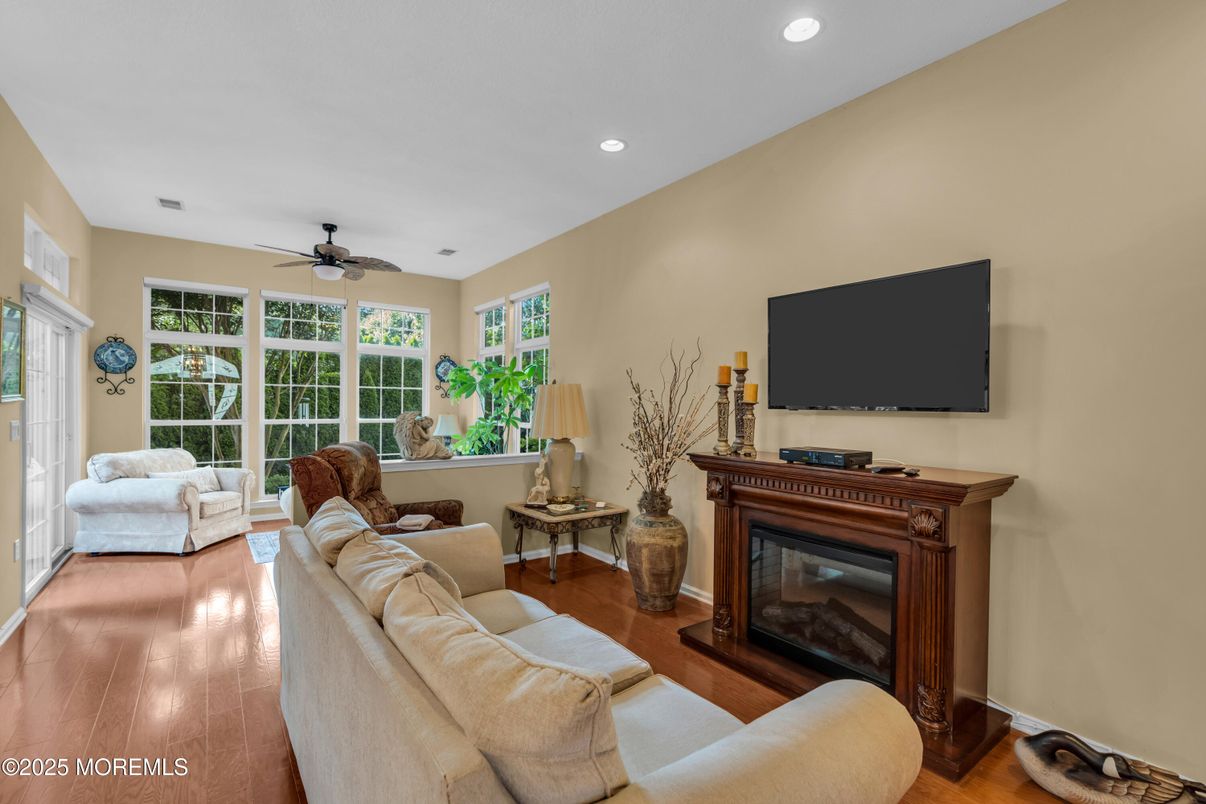 Fireplace, Interior, Living room, Recessed Lighting, Wood Texture Flooring