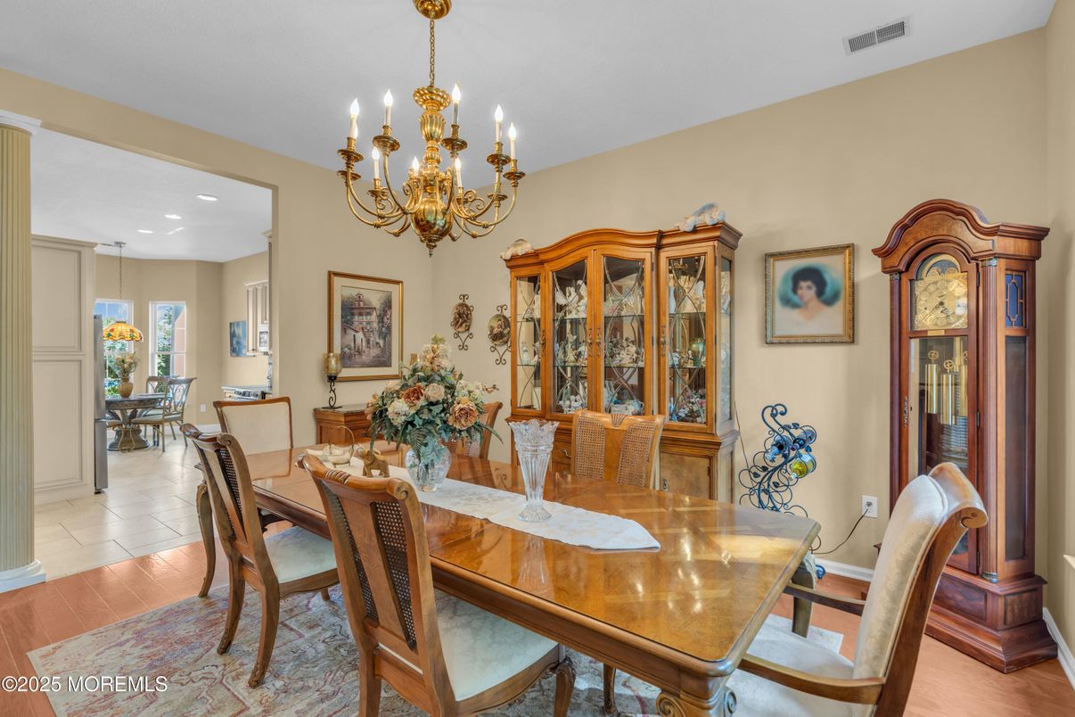 Chandelier, Dining room, Interior, Recessed Lighting, Wood Texture Flooring