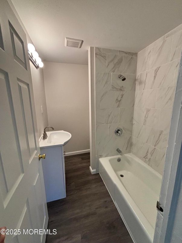 Bathroom, Interior, Marble Walls, Wood Texture Flooring