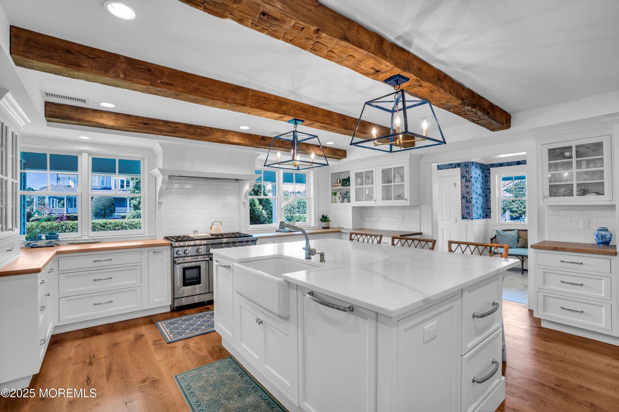 Interior, Kitchen, Pendant Lights, Recessed Lighting, Stainless Steel Appliances, Wooden Beams, Wood Texture Flooring