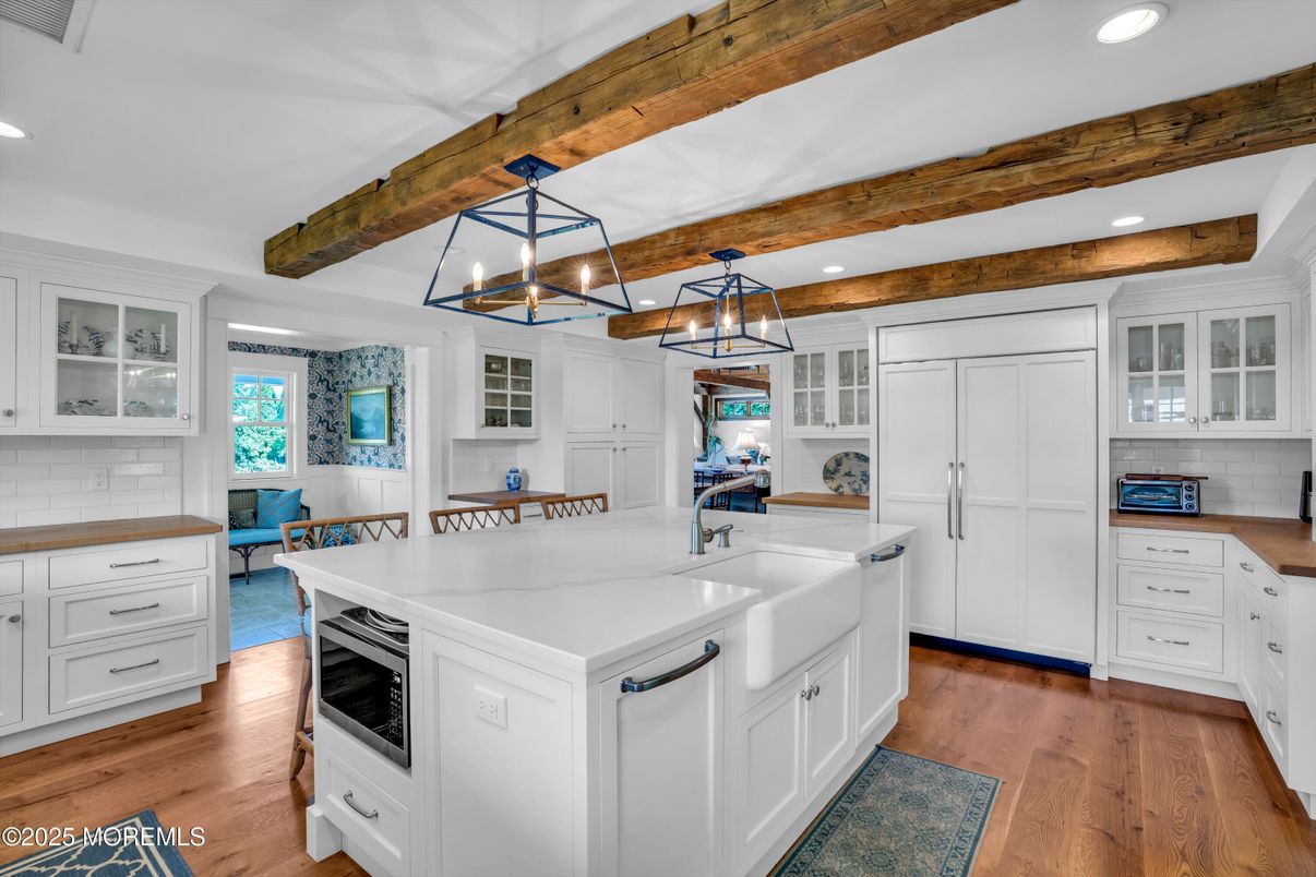 Interior, Kitchen, Pendant Lights, Recessed Lighting, Wooden Beams, Wood Texture Flooring