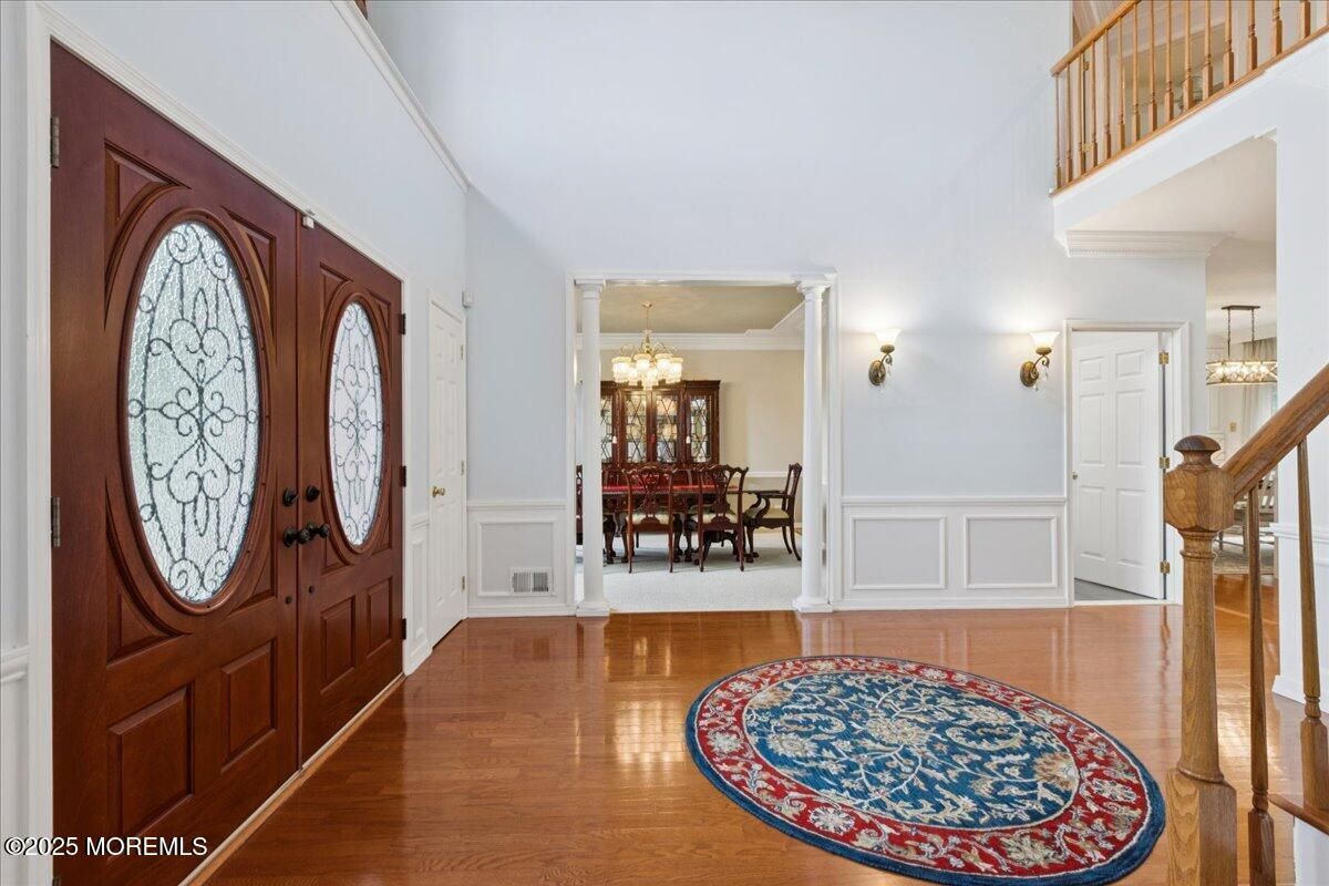 Chandelier, Dining room, Interior, Wood Texture Flooring