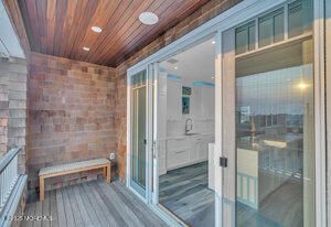 Bathroom, Glass Shower, Interior, Recessed Lighting, Stone Walls, Wooden Ceilings, Wood Texture Flooring, Wooden Walls
