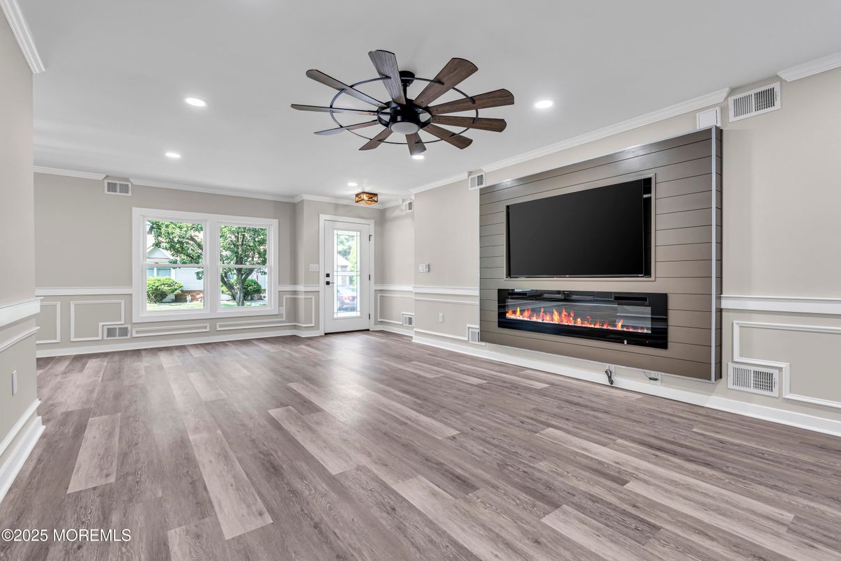 Empty room, Fireplace, Interior, Recessed Lighting, Wood Texture Flooring