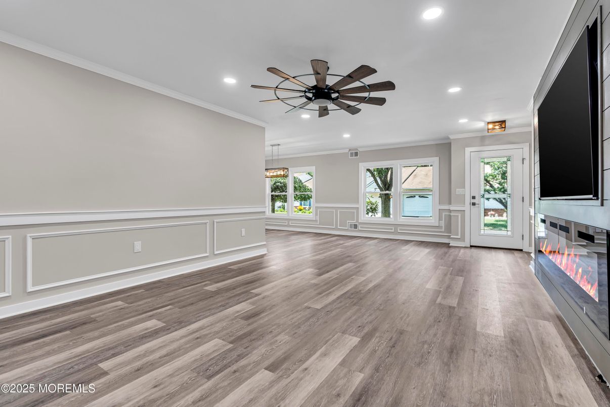 Empty room, Fireplace, Interior, Pendant Lights, Recessed Lighting, Wood Texture Flooring