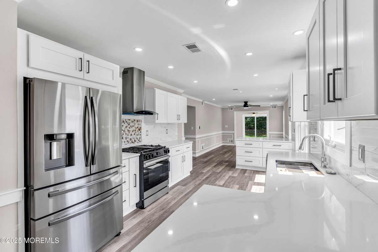 Interior, Kitchen, Recessed Lighting, Stainless Steel Appliances, Wood Texture Flooring