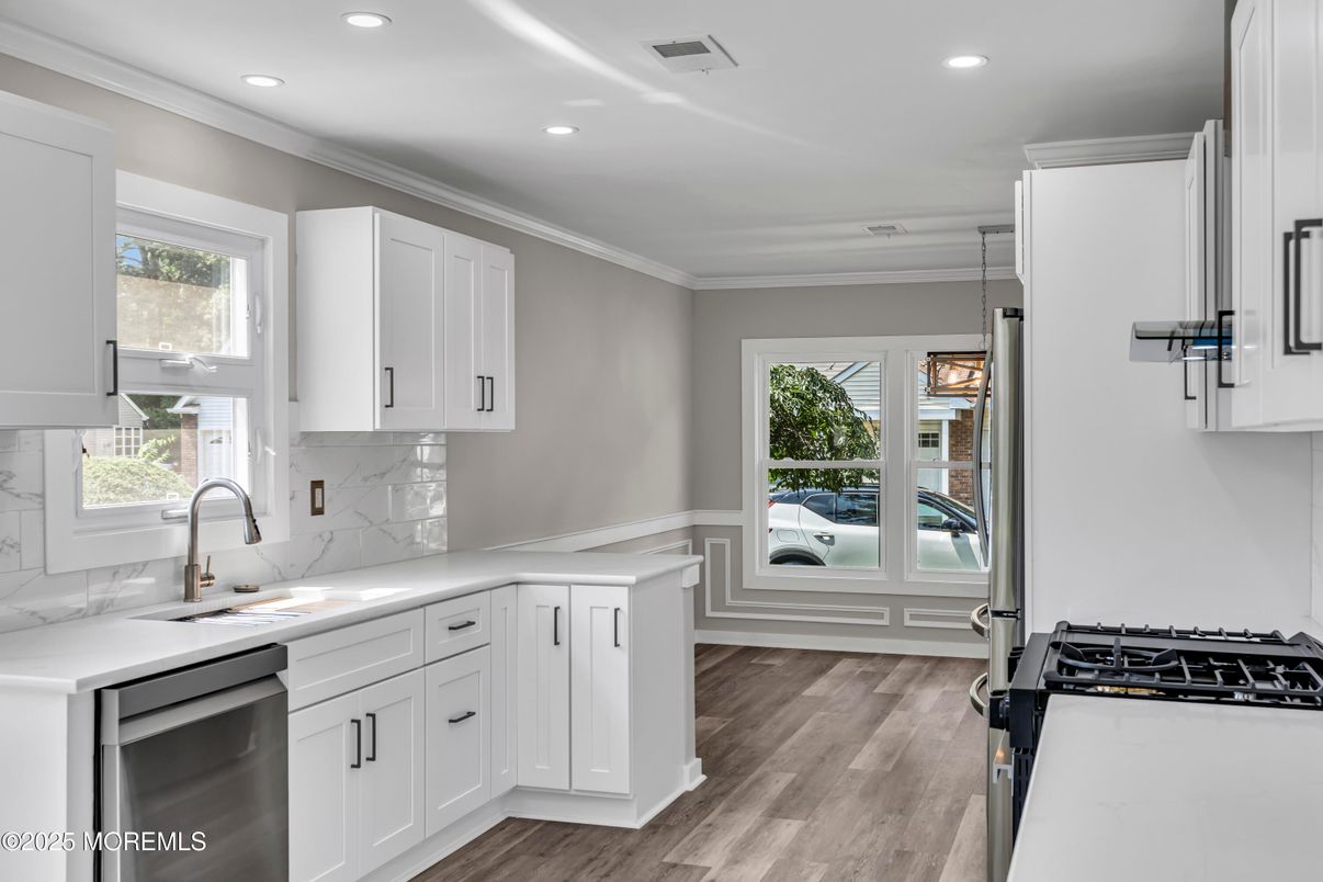 Interior, Kitchen, Pendant Lights, Recessed Lighting, Stainless Steel Appliances, Wood Texture Flooring