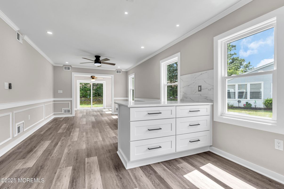 Interior, Marble Walls, Recessed Lighting, Wood Texture Flooring