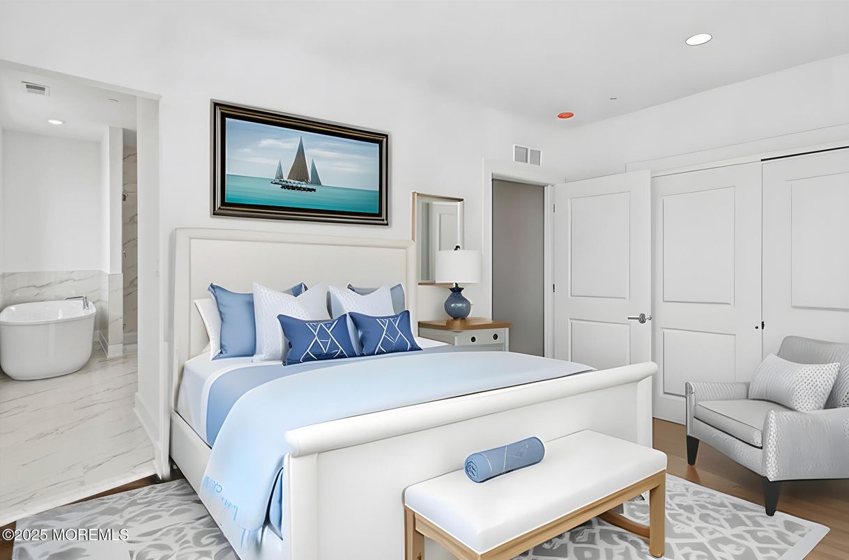 Bedroom, Interior, Marble, Recessed Lighting, Wood Texture Flooring