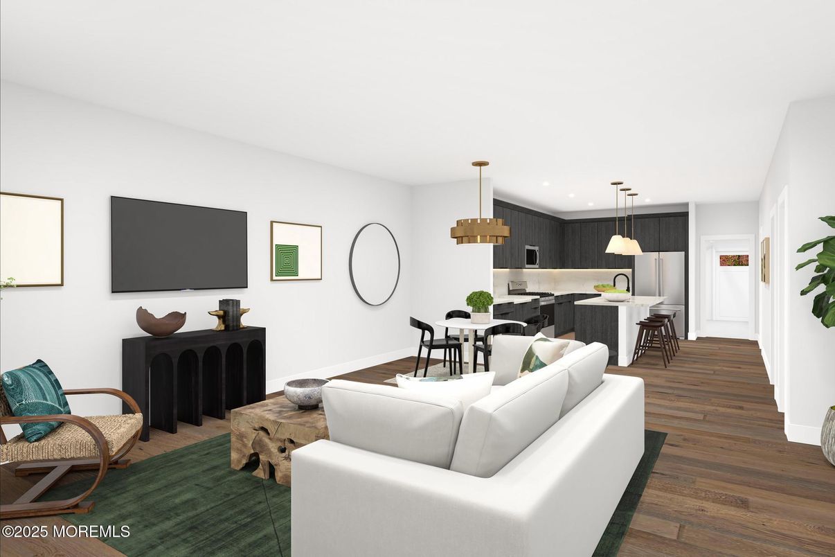 Dining room, Interior, Kitchen, Living room, Pendant Lights, Recessed Lighting, Wood Texture Flooring