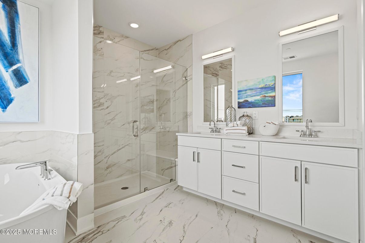 Bathroom, Dual Sink Vanities, Glass Shower, Interior, Marble, Marble Walls, Recessed Lighting