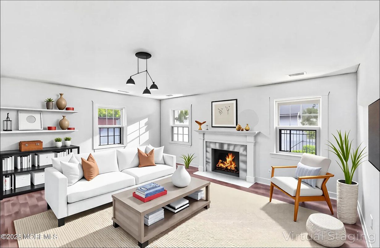 Fireplace, Interior, Living room, Pendant Lights, Wood Texture Flooring