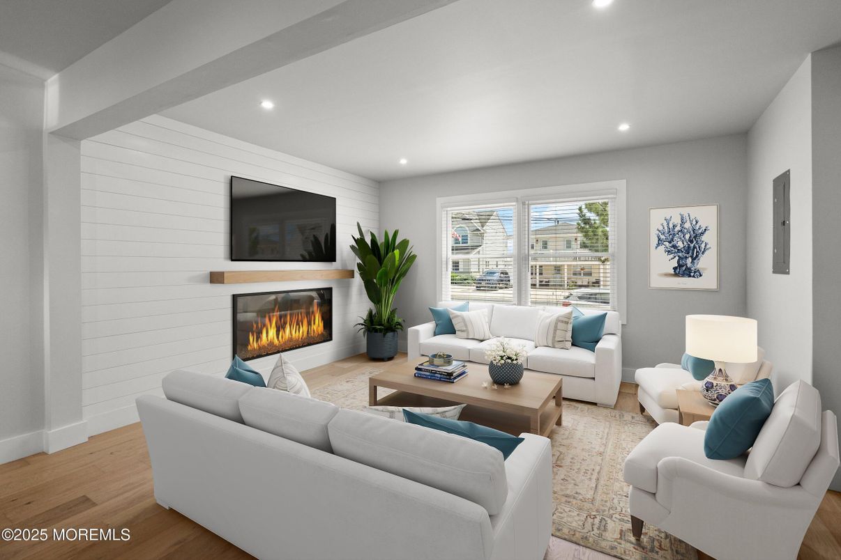 Fireplace, Interior, Living room, Recessed Lighting, Stone Walls, Wood Texture Flooring