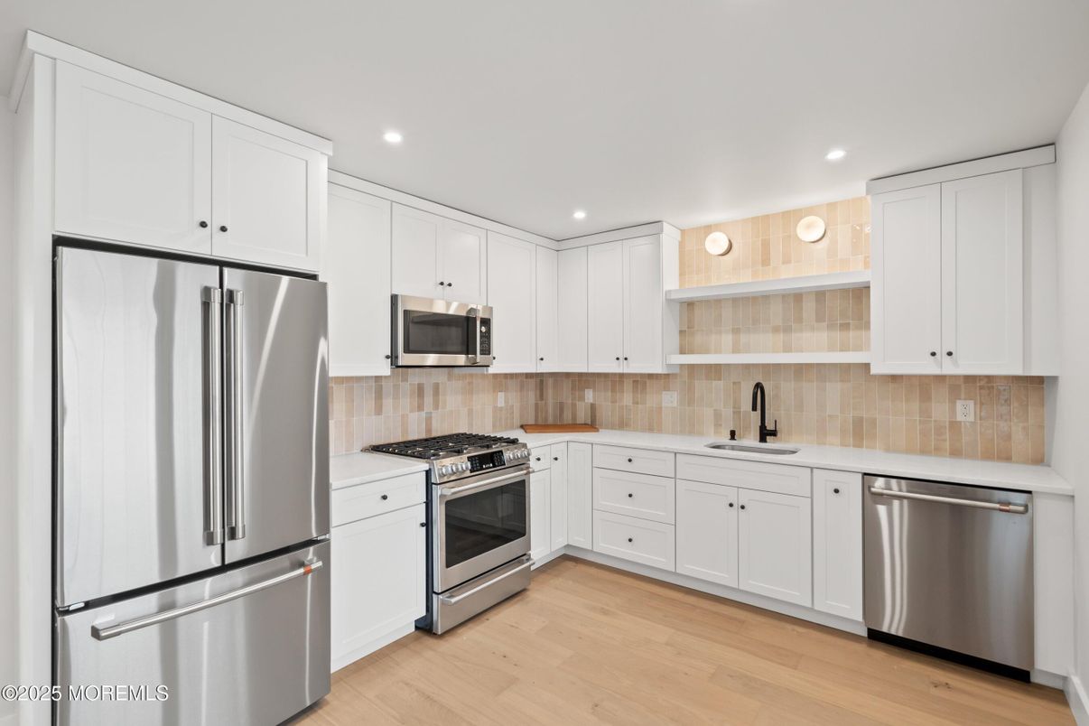 Interior, Kitchen, Recessed Lighting, Stainless Steel Appliances, Wood Texture Flooring