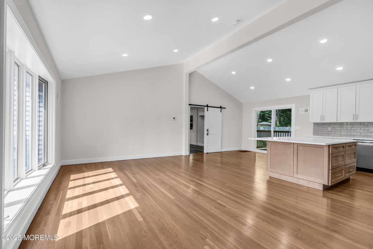 Empty room, Interior, Kitchen, Recessed Lighting, Wood Texture Flooring
