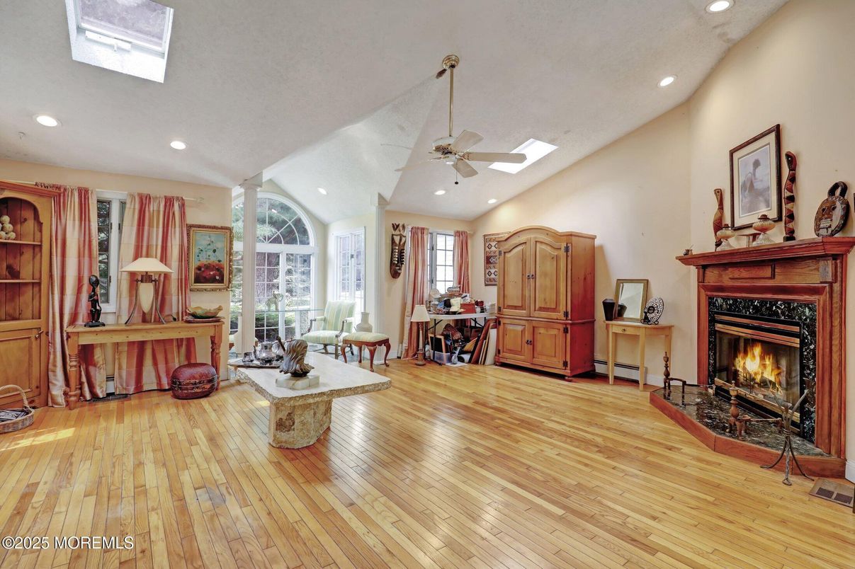 Fireplace, Interior, Living room, Recessed Lighting, Wood Texture Flooring