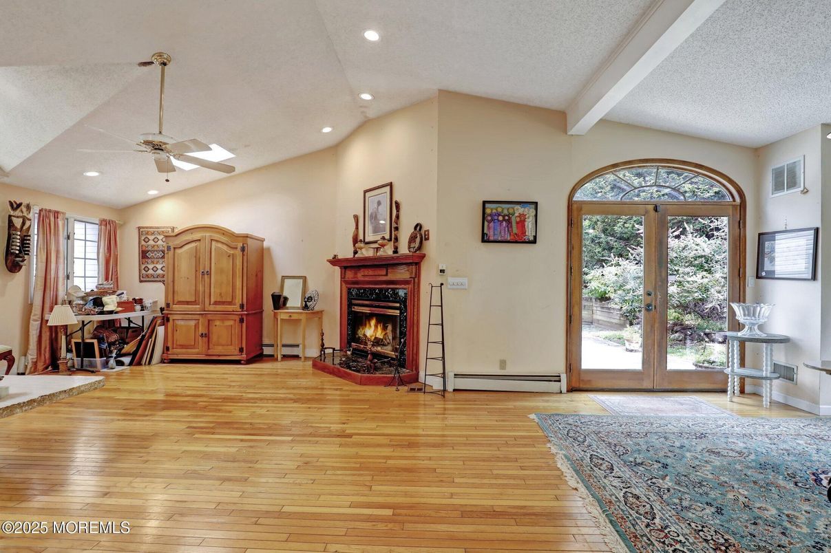 Fireplace, Interior, Recessed Lighting, Wood Texture Flooring