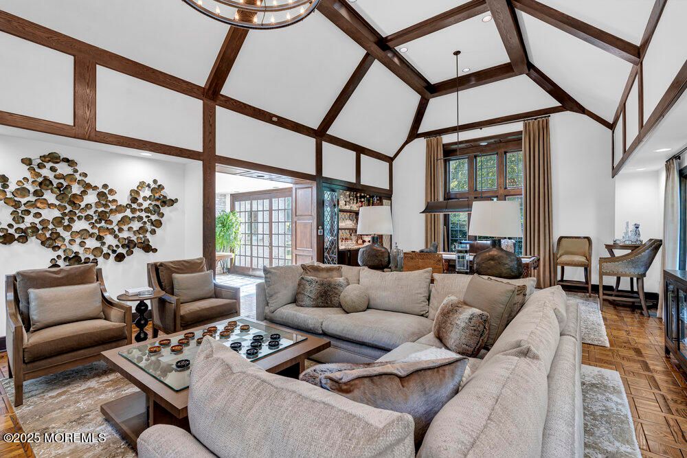 Interior, Living room, Pendant Lights, Recessed Lighting, Wooden Beams, Wood Texture Flooring